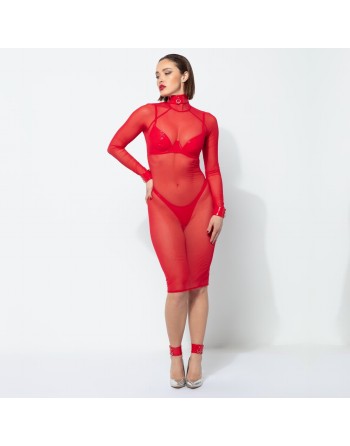 Azia Long fishnet red dress